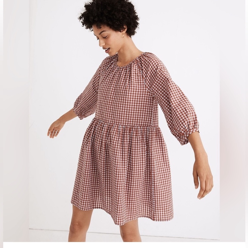 Madewell Gingham Seersucker Raglan Puff Sleeve Mini Dress Size 2